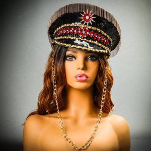 Festival Rave Burning Man Captain Hat Black Gold Military Cap with Gold Chain
